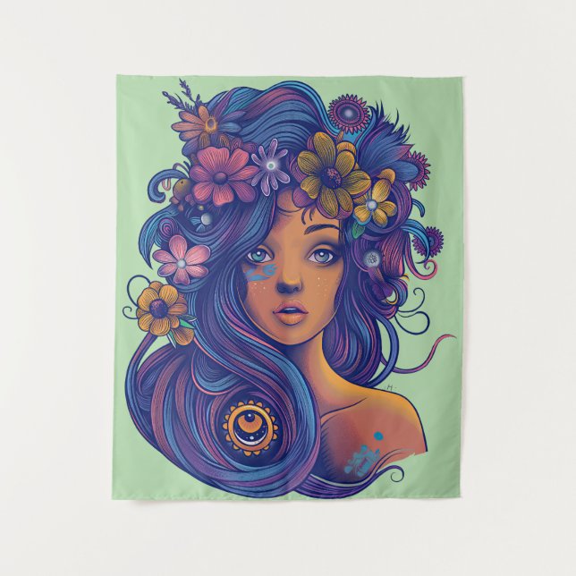 Tapete De Parede Mulher Boho Fantasy com Cabelo Floral (Frente)