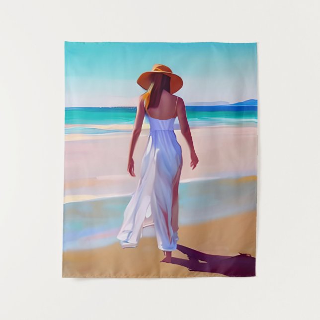 Tapete De Parede Mulher de branco na praia (Frente)