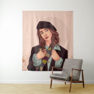 Tapete De Parede Mulher Elegante com Boina, Ilustração de Cachecol 