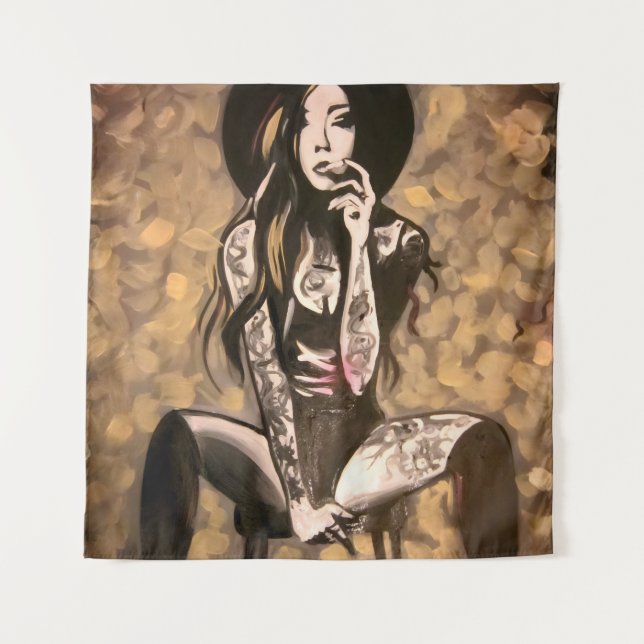 Tapete De Parede Mulher Tatuada em Dourado (Frente)
