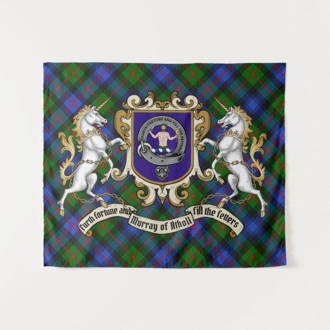 Tapete De Parede Murray do Crachá Atholl Clan & Unicorns w/Tartan (Frente (Horizontal))