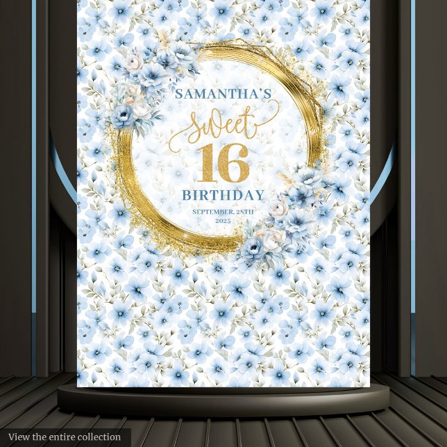 Tapete De Parede Na moda Azul Claro Doce 16 Faixa Brilhante Dourada (Stylish Light Blue Sweet 16 Gold Glitter Banner Tapestry )