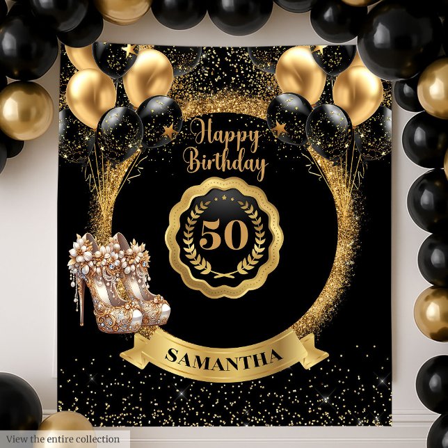 Tapete De Parede Na moda Black Dourado 50th Birthday Banner Decor (Stylish Black Gold 50th Birthday Banner Decor)