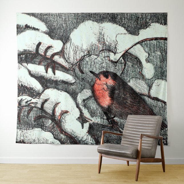 Tapete De Parede Neerlandês Art Nouveau Robin Bird no inverno (In Situ (Horizontal))