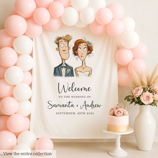 Tapete De Parede Noiva de Aquarela e Groom Wedding Banner Quirky (Watercolor Bride and Groom Wedding Banner Quirky)
