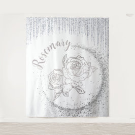 Tapete De Parede Nome do Monograma Glitter Silver e Rosas em branco