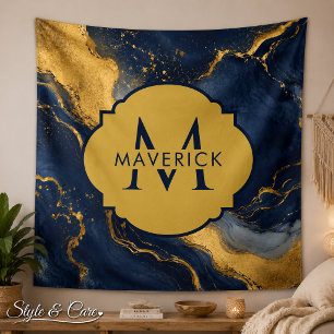 Tapete De Parede Nome Monograma em Azul Marinho e Dourado Abstract