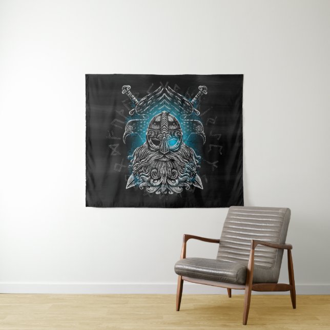Tapete De Parede Odin com corvos e espadas Mitologia Viking azul (In Situ (Horizontal))