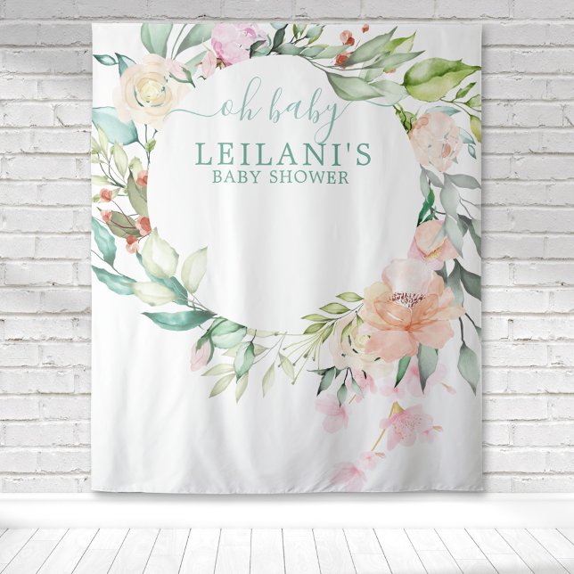 Tapete De Parede Oh Baby Floral Botanical Wreath Chá de fraldas (Pastel watercolor floral wreath oh baby hand lettering baby shower backdrop for a botanical photo op)