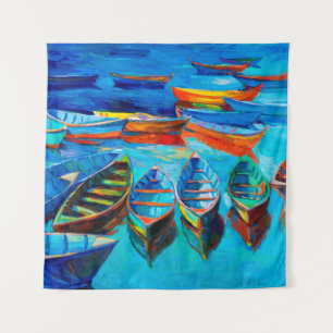Tapete De Parede  oil painting of boats and sea on canvas. Sunset o