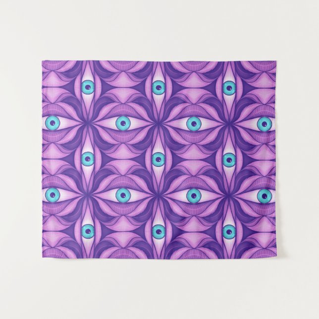 Tapete De Parede Olhos Azuis Quirky No Padrão Roxo Místico (Frente (Horizontal))