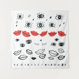 Tapete De Parede Olhos vítreos, padrão de lábios vermelhos.