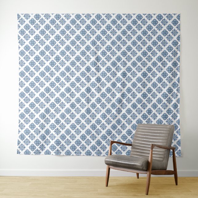 Tapete De Parede Ornamento bordado azul no branco (In Situ (Horizontal))