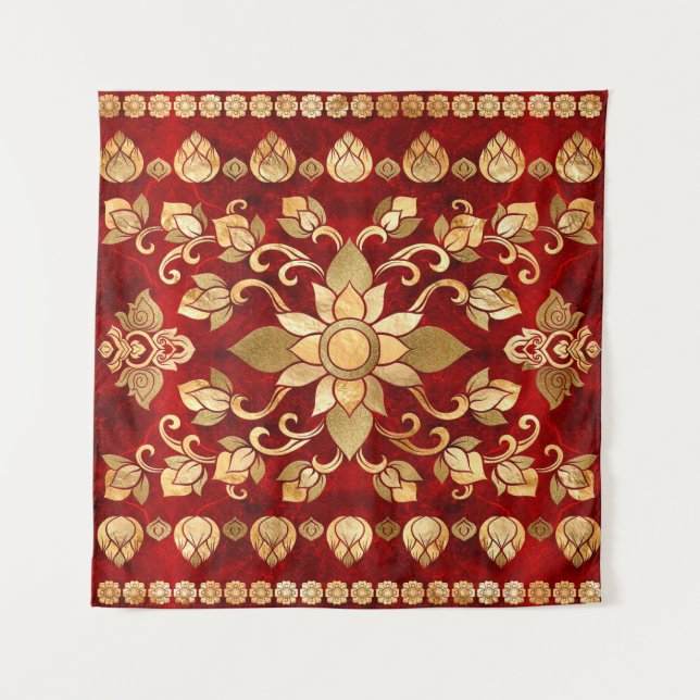 Tapete De Parede Ornamento Tailandês - Dourado e Vermelho (Frente)