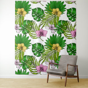Tapete De Parede Orquídeas e palmeiras, cor-de-rosa, amarela, verde
