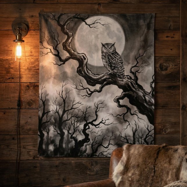 Tapete De Parede Owl Moon Tapestry | Dark Forest Art  (Criador carregado)