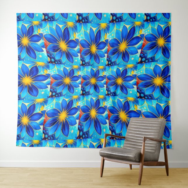 Tapete De Parede Padrão bonito de flores azuis (In Situ (Horizontal))