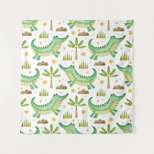 Tapete De Parede Padrão contínuo de aquarela de palmeira de crocodi (Frente)