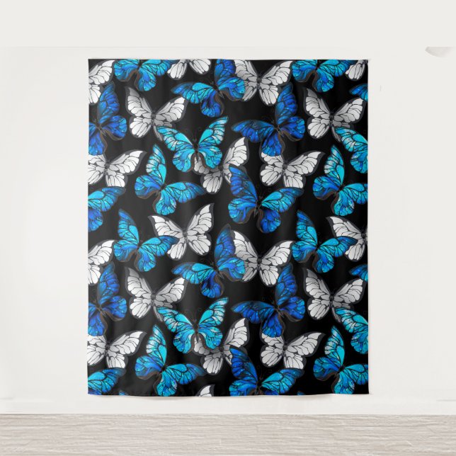 Tapete De Parede Padrão contínuo escuro com borboletas azuis Morpho (Frente)