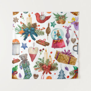 Tapete De Parede Padrão de Aquarela com ornamento de Natais vintag