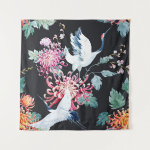 Tapete De Parede Padrão de Aquarela de Crane Vermelha Chrysanthemum