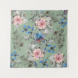 Tapete De Parede Padrão de Aquarela Floral de Fundo Verde.