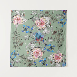 Tapete De Parede Padrão de Aquarela Floral de Fundo Verde.