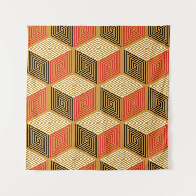 Tapete De Parede Padrão de Cubo Dourado Vermelho (Frente)
