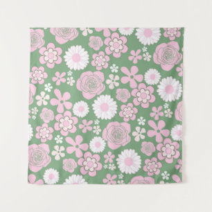 Tapete De Parede Padrão de Flor Y2K 70s - Cor-de-rosa Verde