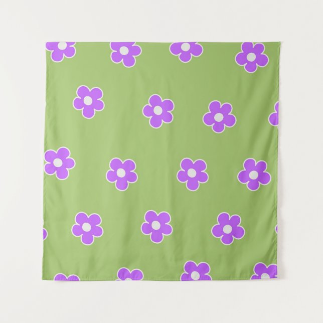 Tapete De Parede Padrão de Flor Y2K Retro Roxo Verde (Frente)