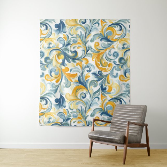 Tapete De Parede Padrão de Folha Azul e Dourada (In Situ)