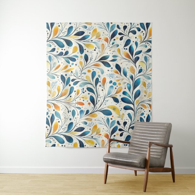 Tapete De Parede Padrão de Folha Azul e Dourada (2) (In Situ)