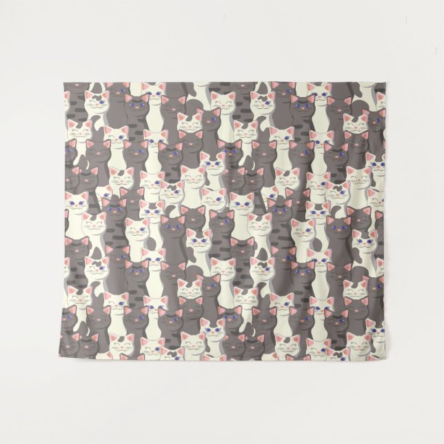 Tapete De Parede Padrão de gatos brancos e cinzas (Frente (Horizontal))