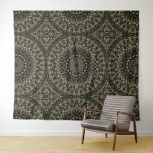 Tapete De Parede Padrão de Mandala Caleidoscópio Verde e Preto