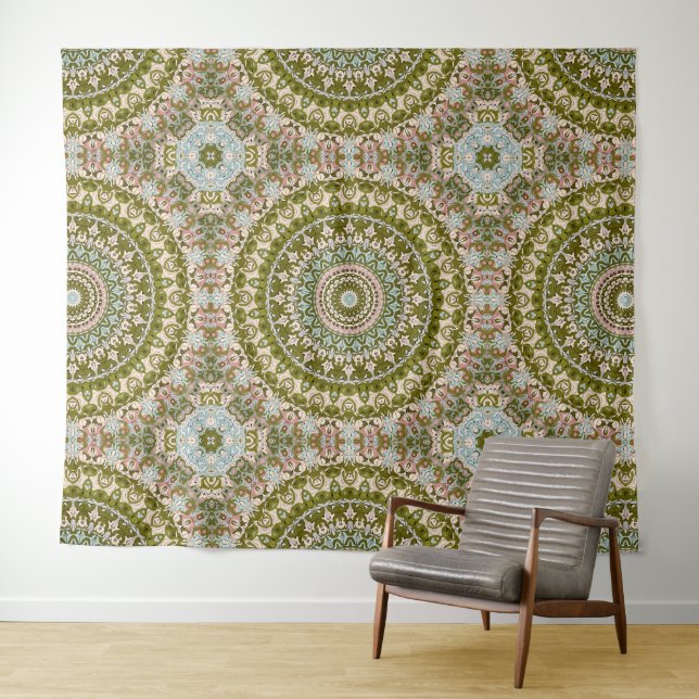 Tapete De Parede Padrão de Mandala em Verde Oliva e Pastel (In Situ (Horizontal))