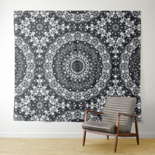 Tapete De Parede Padrão de Mandala Monocromático Preto e Branco