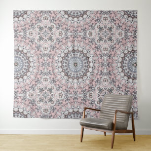 Tapete De Parede Padrão de Mandala Rosa Cinza e Branco