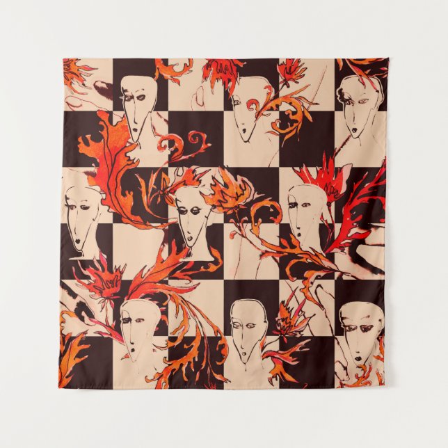 Tapete De Parede Padrão de vanguarda sem costura com rostos e botân (Frente)