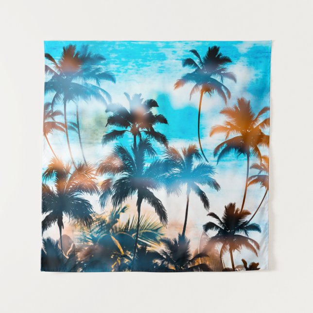 Tapete De Parede Padrão de verão, árvores tropicais, céu. (Frente)