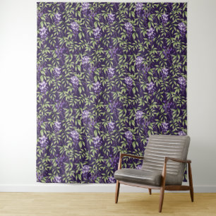 Tapete De Parede Padrão Floral de Folhas Verdes e Wisteria