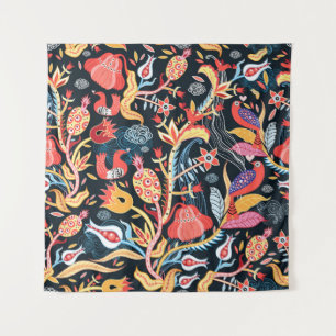 Tapete De Parede padrão floral ornamental com aves numa base escur