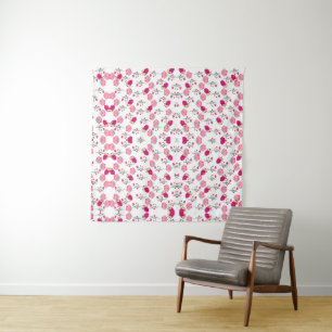 Tapete De Parede Padrão Floral Simétrico Rosa Bege e Vermelho