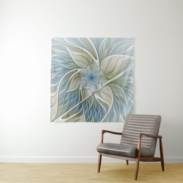 Tapete De Parede Padrão Floral Sonho Abstrato Caqui Azul Fractal (In Situ)