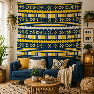 Tapete De Parede Padrão Geométrico Tribal Azul Amarelo Parede Boho
