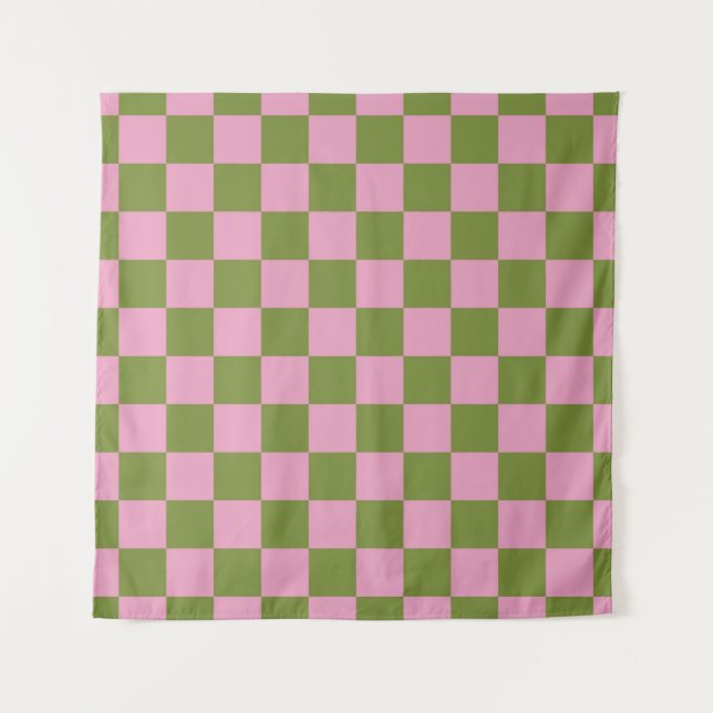 Tapete De Parede Padrão Gingham Verdejado Rosa (Frente)