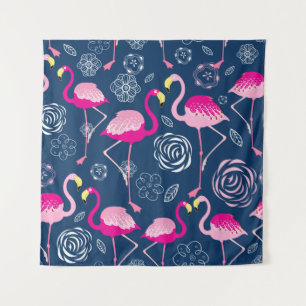 Tapete De Parede Padrão gráfico de flamingos cor-de-rosa em azul