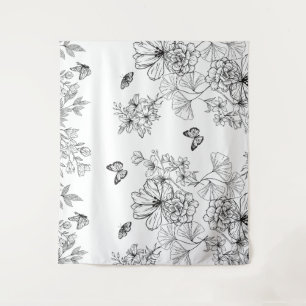 Tapete De Parede Padrão natural floral preto e branco minimalista