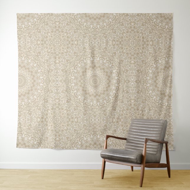 Tapete De Parede Padrão Ornamental de Mandala Bege e Branco (In Situ (Horizontal))