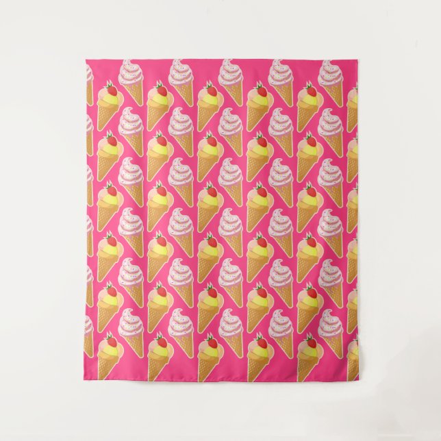 Tapete De Parede Padrão rosa Kawaii com sorvete de morango (Frente)