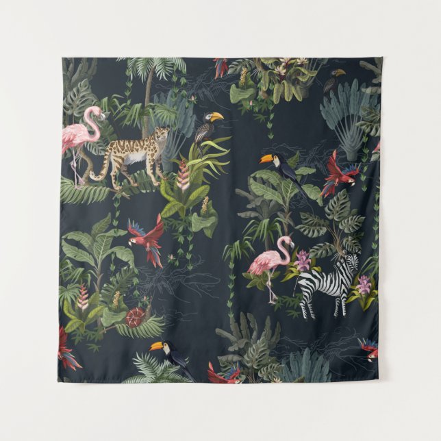 Tapete De Parede Padrão sem costura com animais da selva, flores e  (Frente)